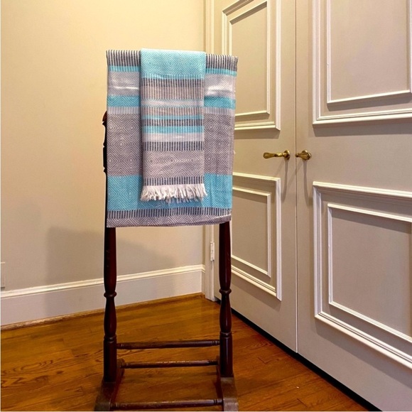 Loom Weave Hand Crafted 2 Side Organic Cotton Travel Blanket Wrap Gray Aqua Tan - Picture 12 of 14